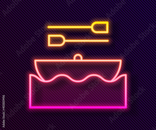 Glowing neon line Boat with oars icon isolated on black background. Water sports, extreme sports, holiday, vacation, team building. Vector.