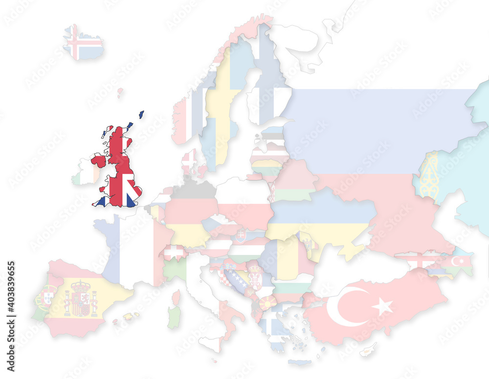 3D Europakarte auf das Vereinigte Königreich hervorgehoben wird und die restlichen Flaggen transparent sind