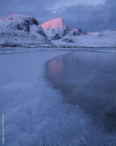 Pink winter sunrise shines arcross Stortind mountain peak, Flakstad√∏y, Lofoten Islands, Norway photo