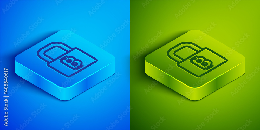 Isometric line Lock with bitcoin icon isolated on blue and green background. Cryptocurrency mining, blockchain technology, security, protect, digital money. Square button. Vector. Isometric line Lock with bitcoin icon isolated on blue and green background. Cryptocurrency mining, blockchain technology, security, protect, digital money. Square button. Vector.