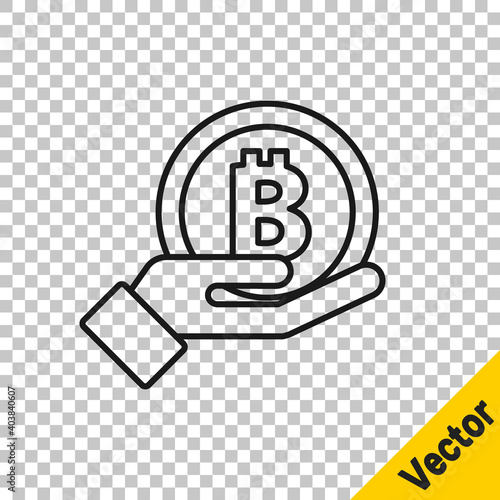Black line Hand holding Bitcoin icon isolated on transparent background. Blockchain technology, digital money market, cryptocoin wallet. Vector.