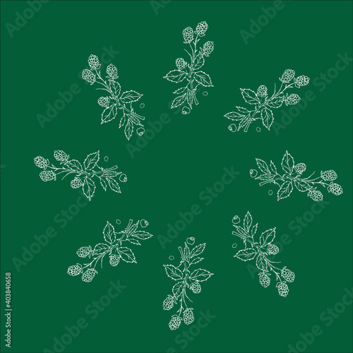 Line drawn doodle wreath of  branches on aquamarine background pattern. Good for packaging