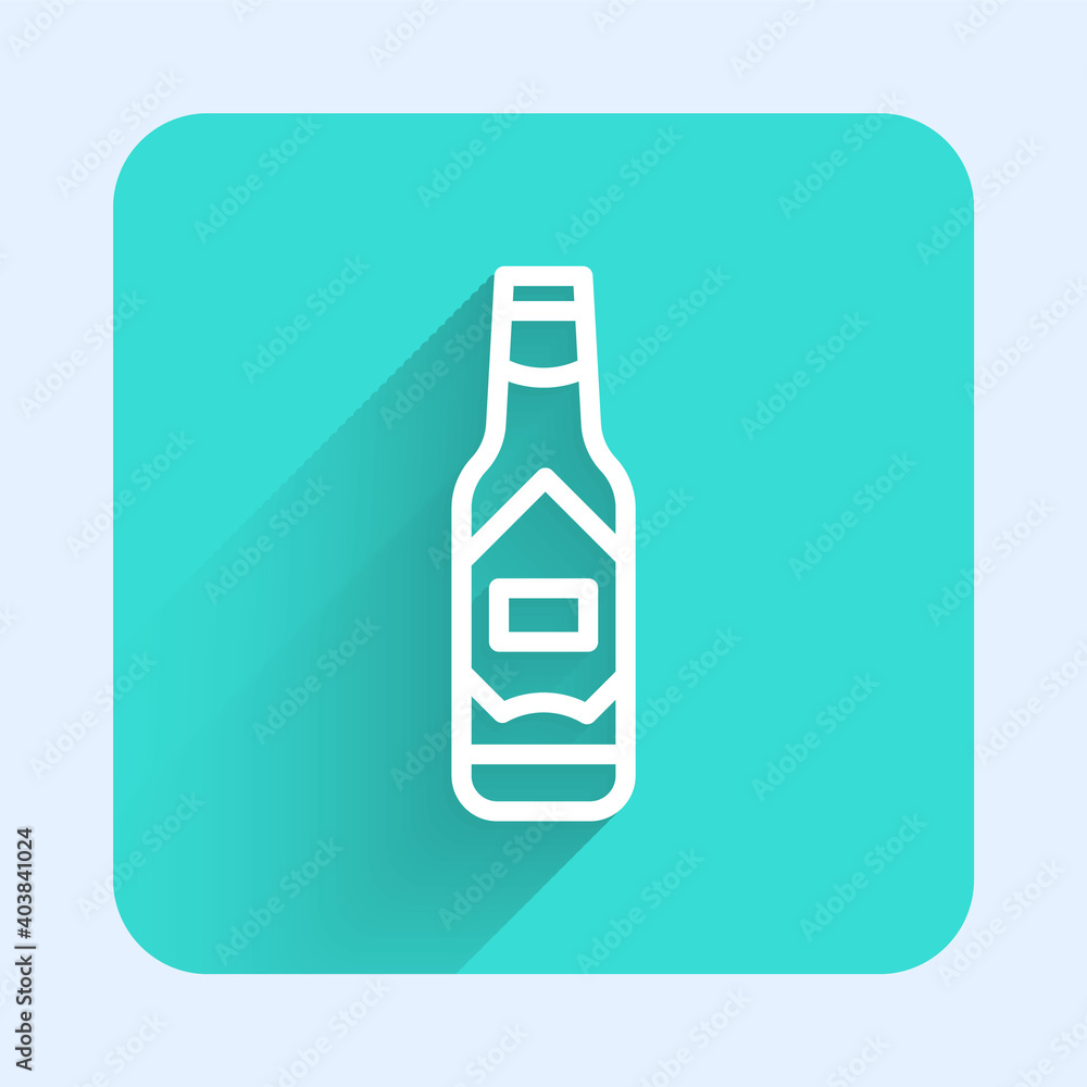 White line Tabasco sauce icon isolated with long shadow. Chili cayenne spicy pepper sauce. Green square button. Vector. White line Tabasco sauce icon isolated with long shadow. Chili cayenne spicy pepper sauce. Green square button. Vector.