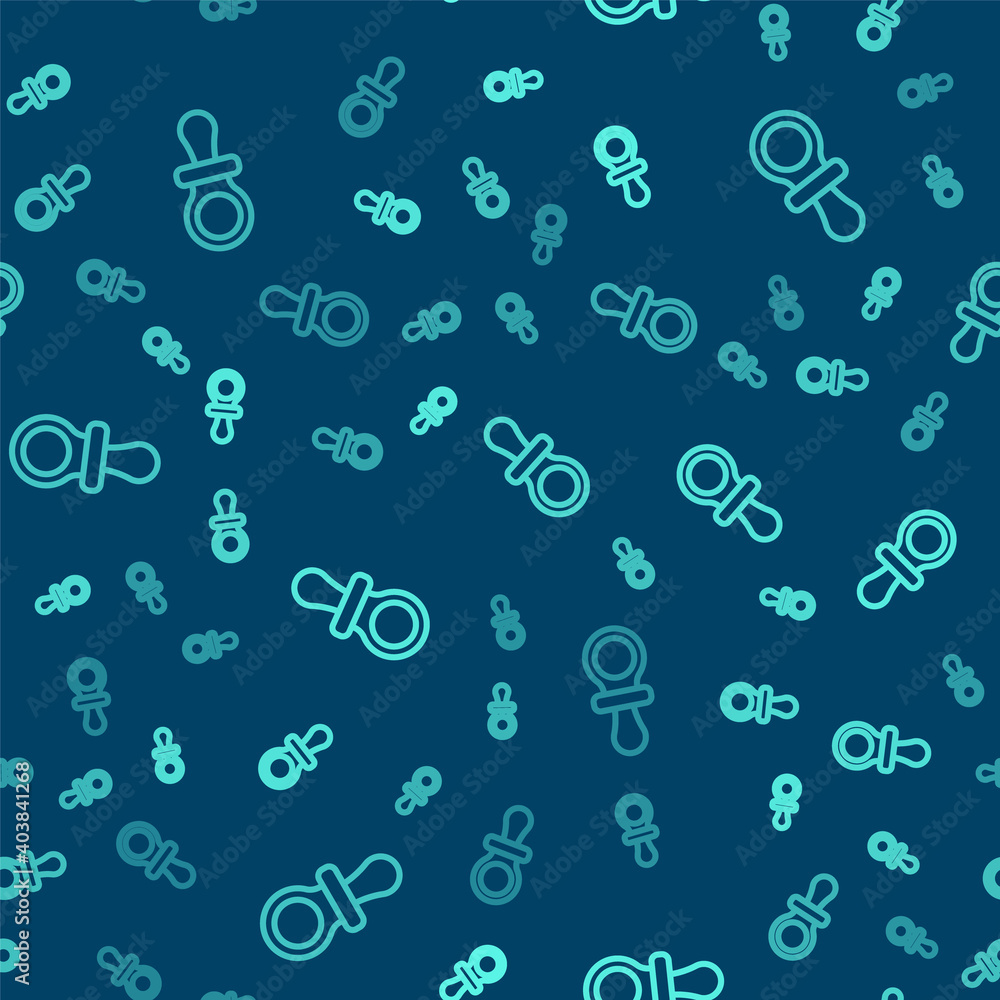 Green line Baby dummy pacifier icon isolated seamless pattern on blue background. Toy of a child. Vector. Green line Baby dummy pacifier icon isolated seamless pattern on blue background. Toy of a child. Vector.