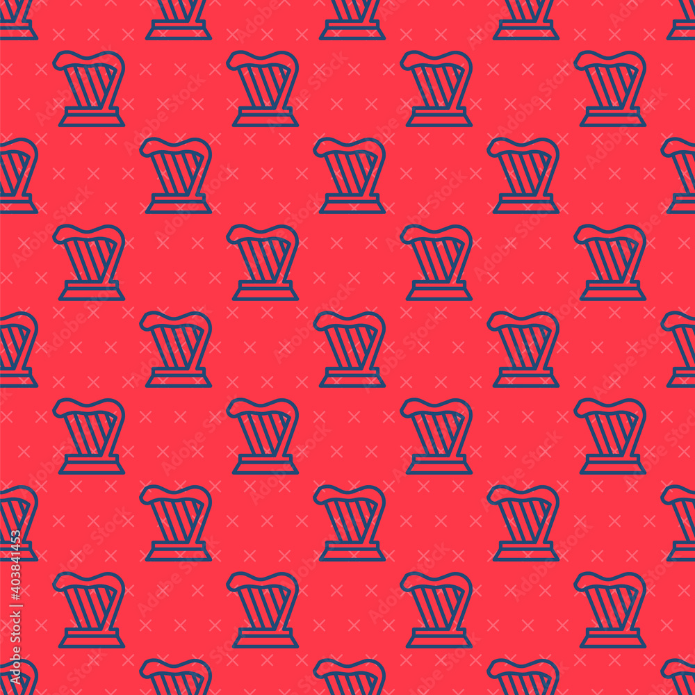 Blue line Harp icon isolated seamless pattern on red background. Classical music instrument, orhestra string acoustic element. Vector. Blue line Harp icon isolated seamless pattern on red background. Classical music instrument, orhestra string acoustic element. Vector.