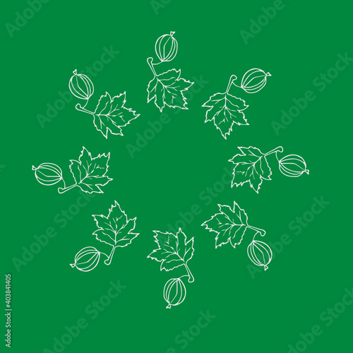 Line drawn doodle wreath of  gooseberry on aquamarine background pattern. Good for packaging