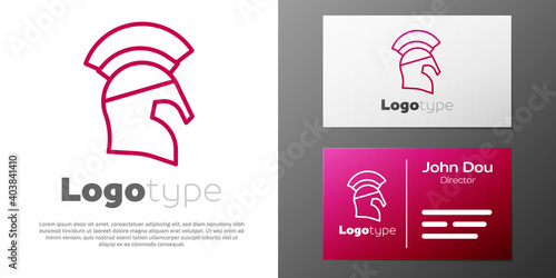Logotype line Greek helmet icon isolated on white background. Antiques helmet for head protection soldiers with a crest of feathers or horsehair. Logo design template element. Vector.
