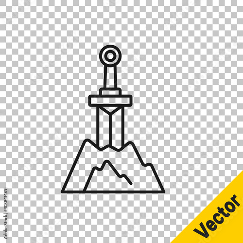 Black line Sword in the stone icon isolated on transparent background. Excalibur the sword in the stone from the Arthurian legends. Vector.