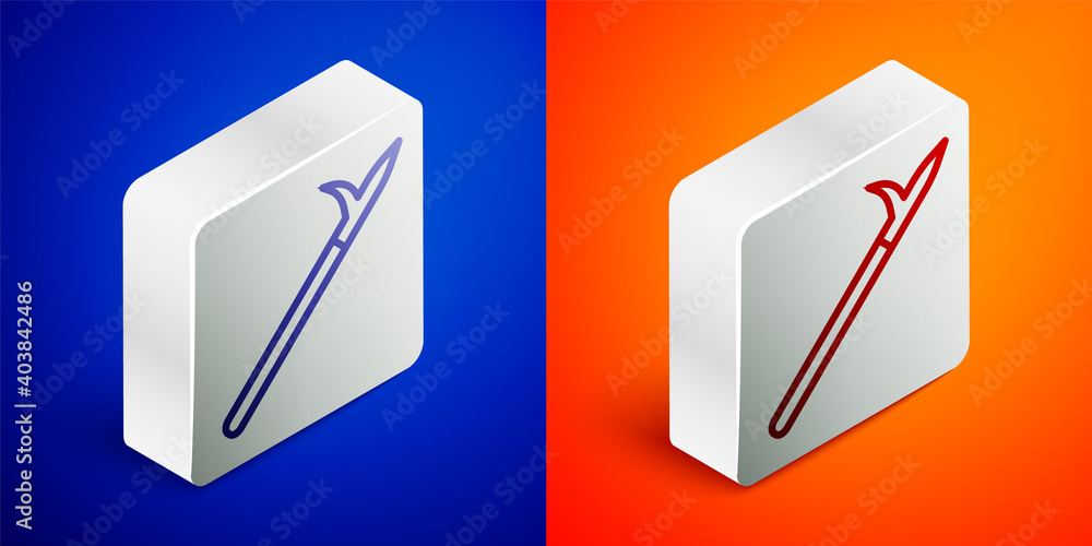 Isometric line Metal pike pole with wooden handle icon isolated on blue and orange background. Spear, pickaxe, hook hand extinguishing instrument and tool for fireman. Silver square button. Vector. Isometric line Metal pike pole with wooden handle icon isolated on blue and orange background. Spear, pickaxe, hook hand extinguishing instrument and tool for fireman. Silver square button. Vector.