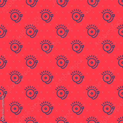 Blue line Ringing alarm bell icon isolated seamless pattern on red background. Fire alarm system. Service bell, handbell sign, notification symbol. Vector.