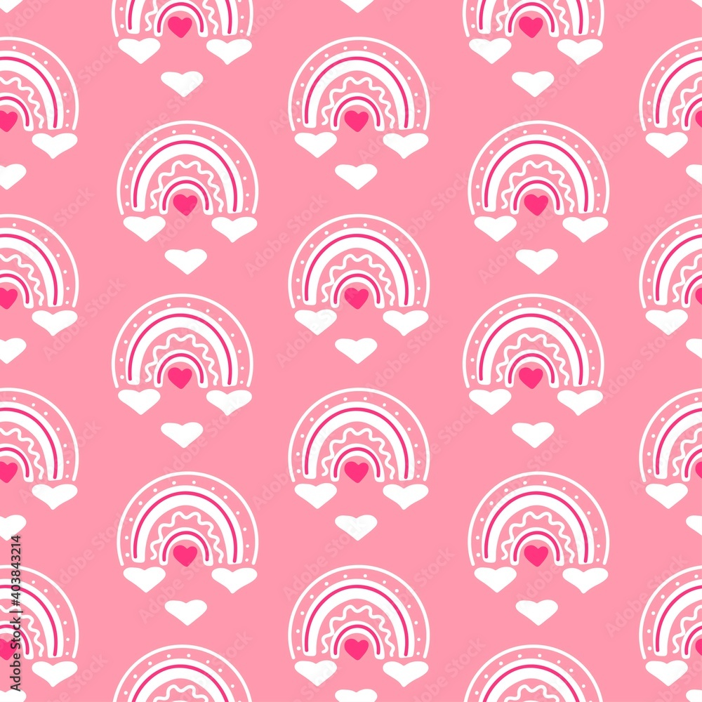 Seamless pattern Valentines day with heart, rainbow on pink background. Vector flat illustration. Design for textile, fabric, wrapping, wallpaper, backdrop, card, note, invitation Seamless pattern Valentines day with heart, rainbow on pink background. Vector flat illustration. Design for textile, fabric, wrapping, wallpaper, backdrop, card, note, invitation