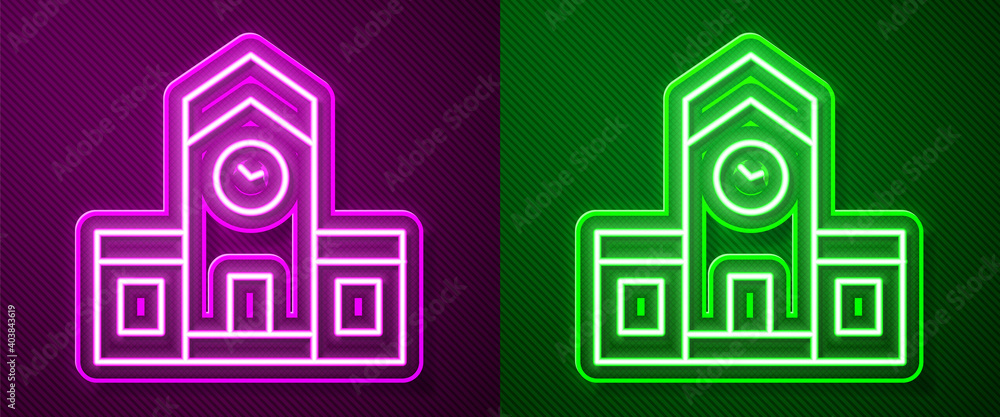 Glowing neon line Railway station icon isolated on purple and green background. Vector. Glowing neon line Railway station icon isolated on purple and green background. Vector.