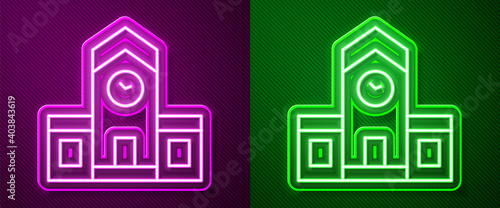 Glowing neon line Railway station icon isolated on purple and green background. Vector.