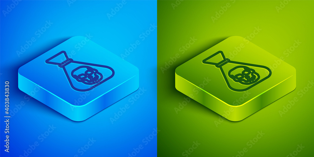 Isometric line Pirate coin icon isolated on blue and green background. Square button. Vector. Isometric line Pirate coin icon isolated on blue and green background. Square button. Vector.