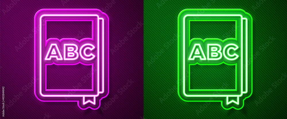Glowing neon line ABC book icon isolated on purple and green background. Dictionary book sign. Alphabet book icon. Vector. Glowing neon line ABC book icon isolated on purple and green background. Dictionary book sign. Alphabet book icon. Vector.