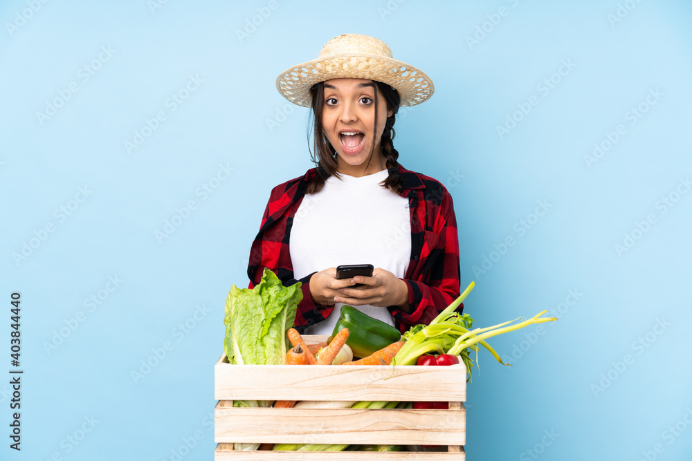 Young farmer Woman holding fresh vegetables in a wooden basket surprised and sending a message