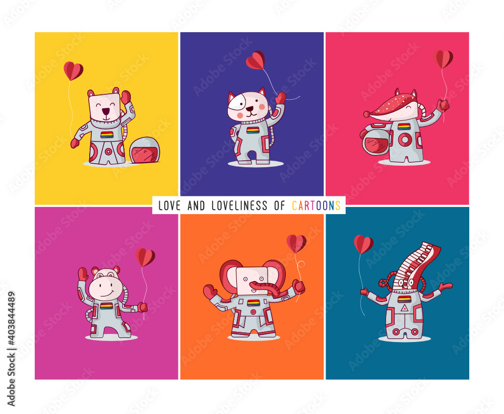 Fototapeta premium Farm animals wearing a space suit floating in space. If animals are smart, they will go to space. Bright multicolored background vector illustration.