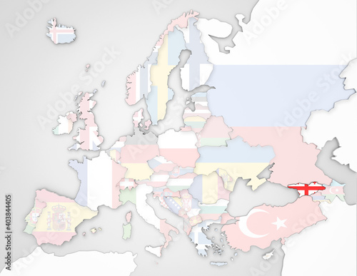 3D Europakarte auf der Georgien hervorgehoben wird und die restlichen Flaggen transparent sind