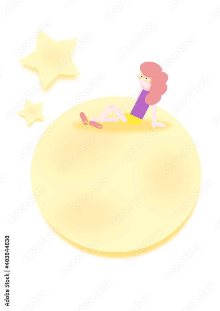 Obraz premium Vector illustration of a girl on the moon with a star. Sits on the moon and looks at the star. The girl is dreaming while sitting on the moon. Blonde looking at the moon