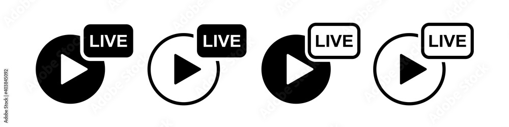 Set of live broadcast icons, logo. Live streaming, video, button, live broadcast button. Vector illustration. Set of live broadcast icons, logo. Live streaming, video, button, live broadcast button. Vector illustration.