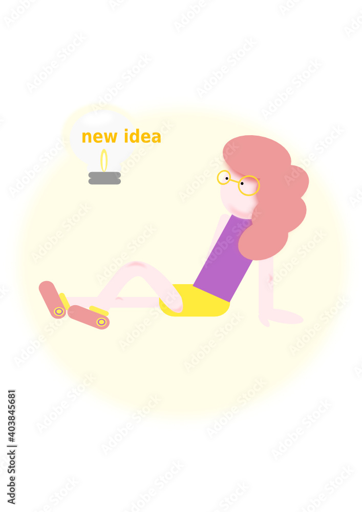 Obraz premium Vector illustration of a girl sitting on the floor and thinking. A new idea came to mind. The girl came up with something new and will bring it to life. Girl with a light bulb.