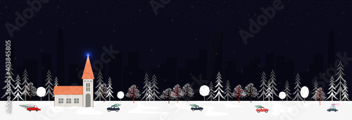 Winter landscape in city at night with snow falling on Christmas eve. vector illustration cartoon Winter wonderland in the town for Happy New year or Merry Christmas greeting card, flyer and banner