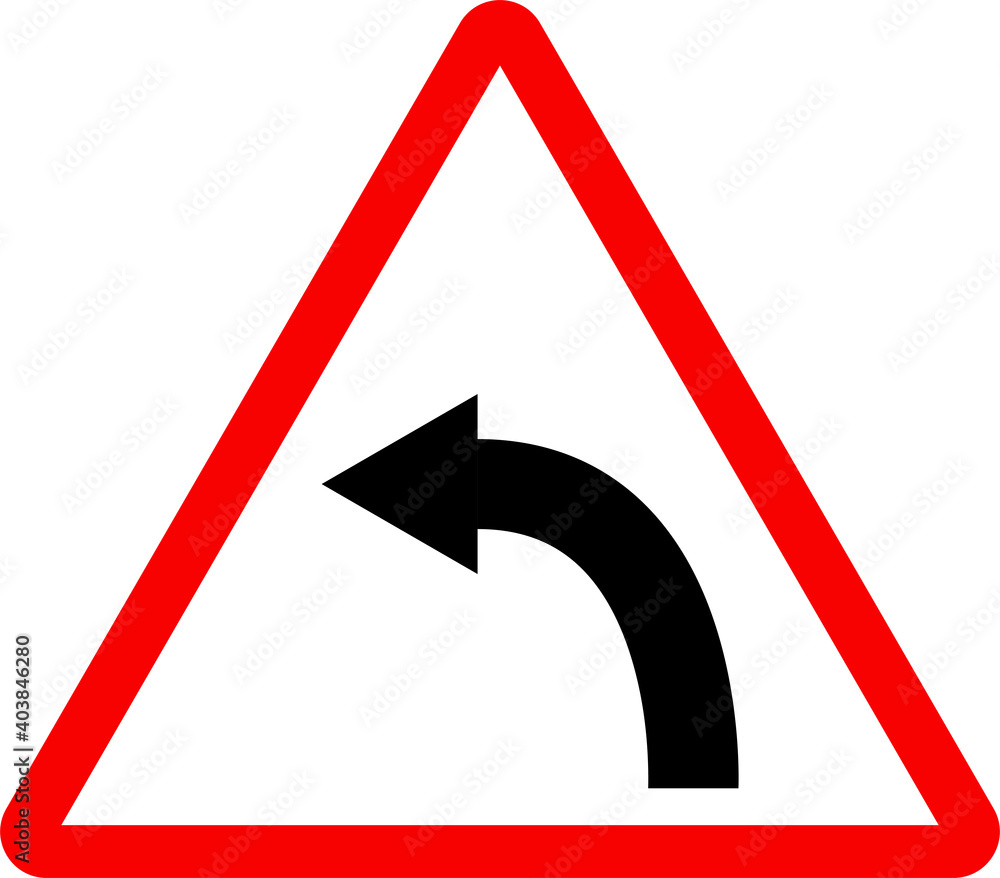 Left curve sign. Red triangle background. Road sign warning for a left curve. Traffic signs and symbols. Left curve sign. Red triangle background. Road sign warning for a left curve. Traffic signs and symbols.