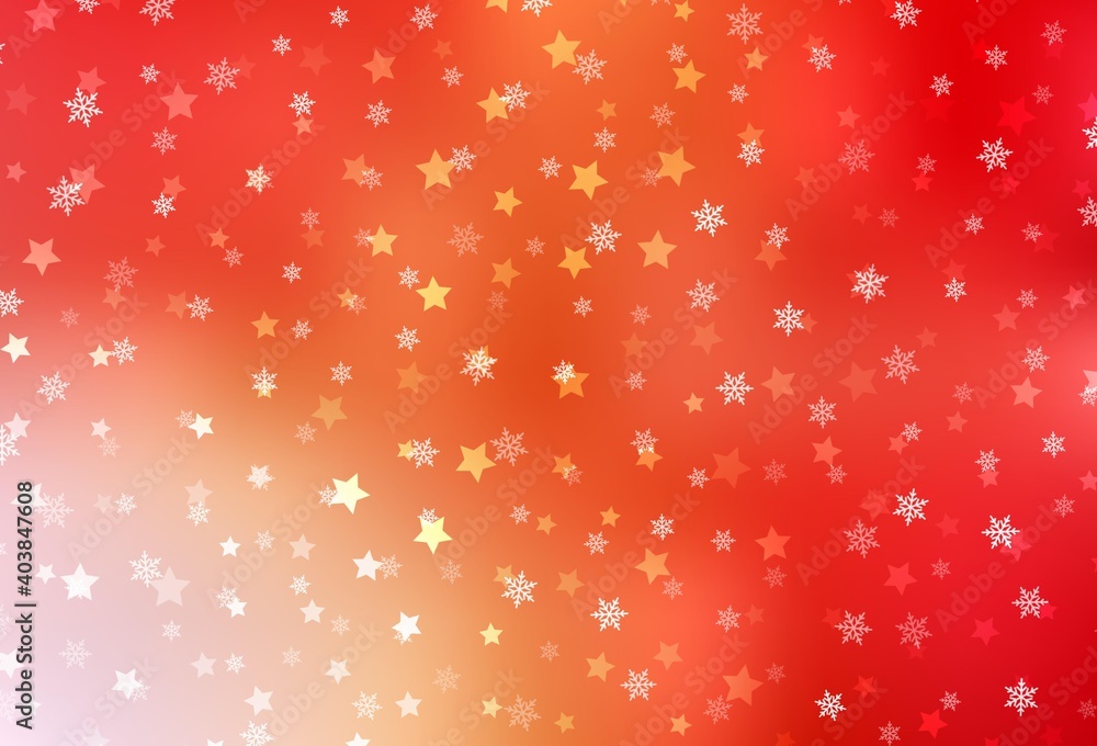 Light Red, Yellow vector template with ice snowflakes, stars.