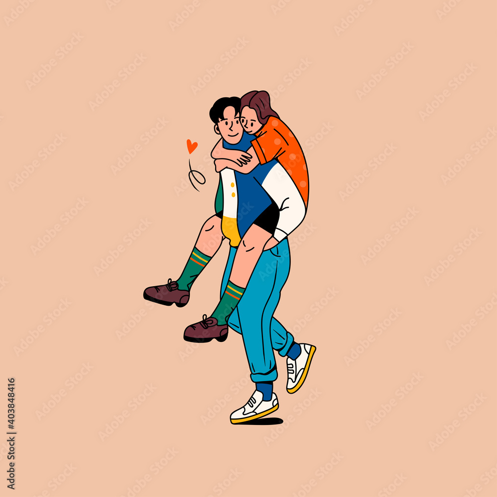Stylish Young couple in love enjoying each other. Happy together. Piggy back ride, playful mood. Romance, Valentine's Day concept. Cartoon comic style. Hand drawn Vector illustration Stylish Young couple in love enjoying each other. Happy together. Piggy back ride, playful mood. Romance, Valentine's Day concept. Cartoon comic style. Hand drawn Vector illustration