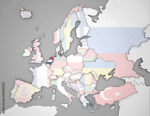 3D Europakarte auf die Niederlande hervorgehoben wird und die restlichen Flaggen transparent sind