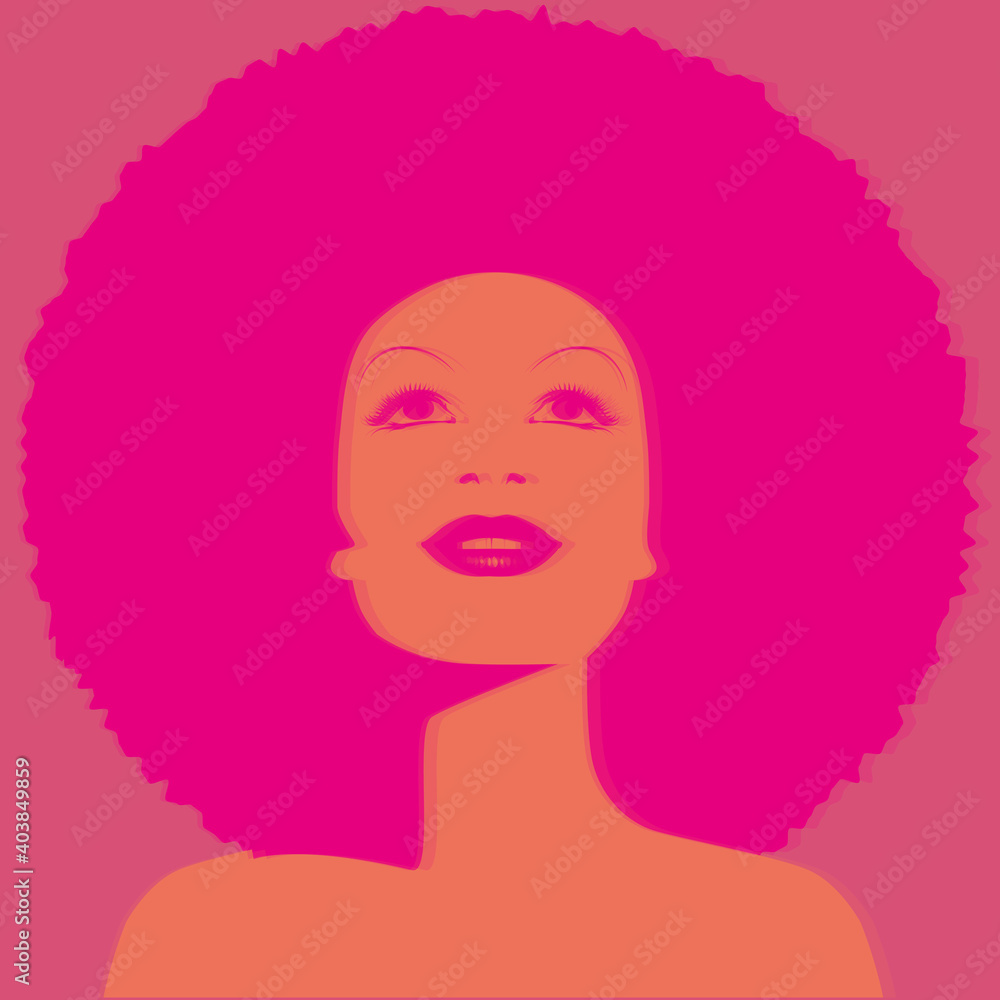 Beautiful woman with afro style curly hair, acid colors. Hologram  simulation. Poster music soul, funk or disco style 60s or 70s Stock Vector  | Adobe Stock