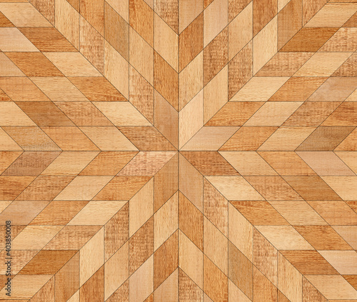 Light brown wood texture background. Rough wooden surface. Mosaic wooden floor with geometric pattern.