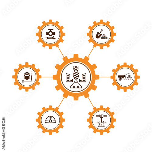 A set of vector illustrations, icons and logos of construction and installation works.