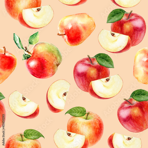 Fototapeta Naklejka Na Ścianę i Meble -  Watercolor seamless pattern apples on a color background.
