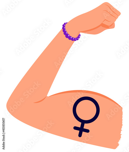 Bent woman arm showing strong muscles. Tattoo on arm with female sign. Colored vector illustration	