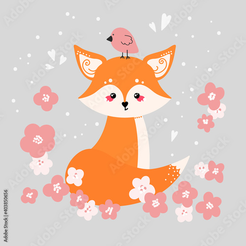 Cute fox on the background of plants. Forest animal. Fox in flat style.
