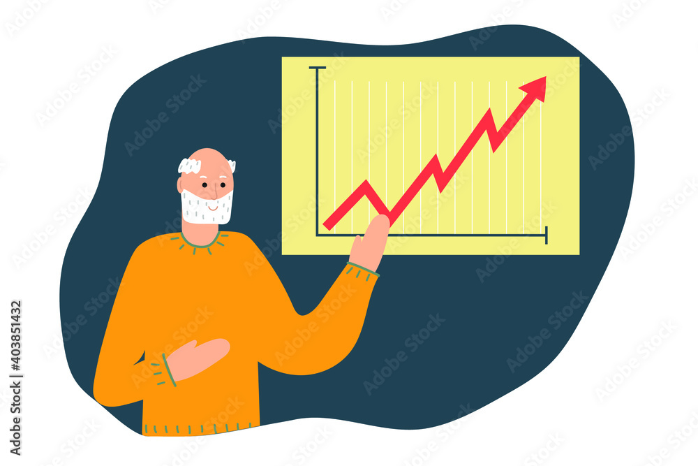 Elderly man, pensioner shows a graph, chart of finances. Flat illustration. Elderly man, pensioner shows a graph, chart of finances. Flat illustration.