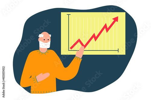 Elderly man, pensioner shows a graph, chart of finances. Flat illustration.