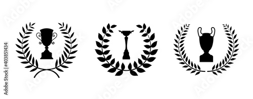 Laurel wreath and trophy cup collection. Champion award. Winner emblems.