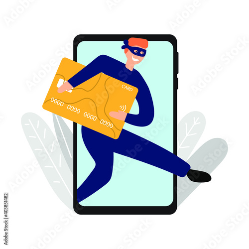 Hand drawn thief of credit cards, money via phone, mobile bank concept.