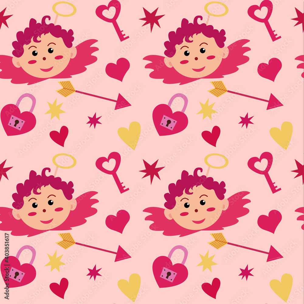 Vector semless pattern with cupid, rose hearts, stars, presents, keys and sweets on white background. Cute design for Valentine's day Vector semless pattern with cupid, rose hearts, stars, presents, keys and sweets on white background. Cute design for Valentine's day