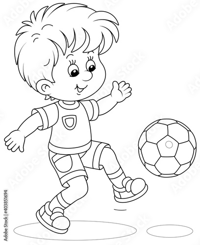 Little football player kicking a ball at a match or training on a sports field, black and white outline vector cartoon illustration for a coloring book page