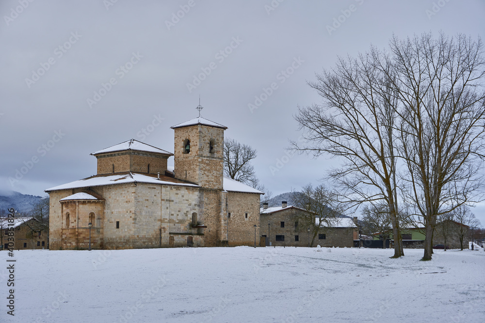 Snowfall in the church of armentia, Basque country