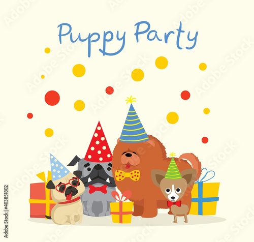 Puppy party background. Cute greeting card with presents and puppies