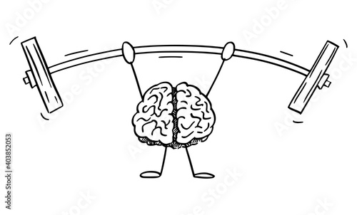 Vector cartoon stick figure illustration of strong human brain character lifts or training with heavy weights or dumbbell.