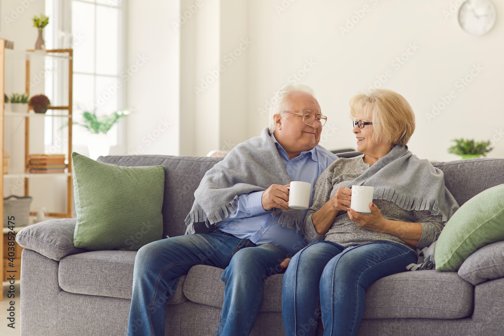 Smiling mature loving couple grandparents sitting together on sofa under blanket and warming up with hot tea in mugs at home. Elderly people happy lifestyle, family happiness concept