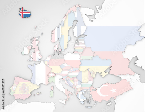 3D Europakarte auf der Island hervorgehoben wird und die restlichen Flaggen transparent sind