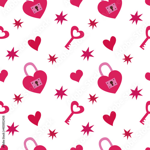 Vector semless pattern with rose lock in shape of hearts, stars, keys, on white background. Cute design for Valentine's daypattern template