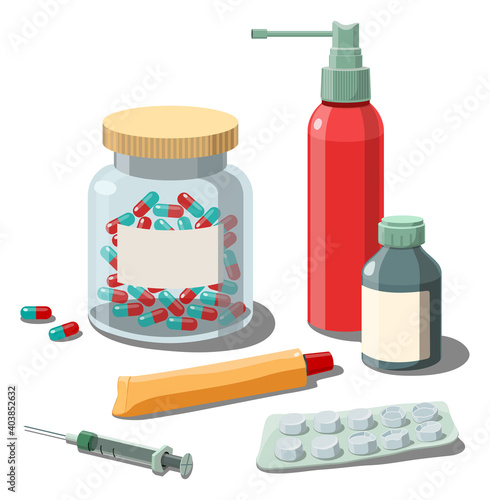 A set of medicines. Medicines, tablets, inhaler, syringe. Medical kit for treating patients with colds and other diseases. Vector illustration isolated on white background.