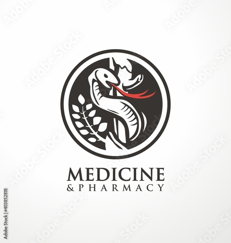 Medicine and pharmacy logo design idea with Aesculapius staff and snake. Medical and apothecary symbol or sign idea. Round vector icon for health care business.
